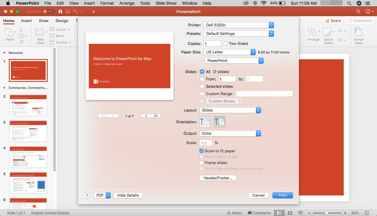 change the printing format in powerpoint for mac